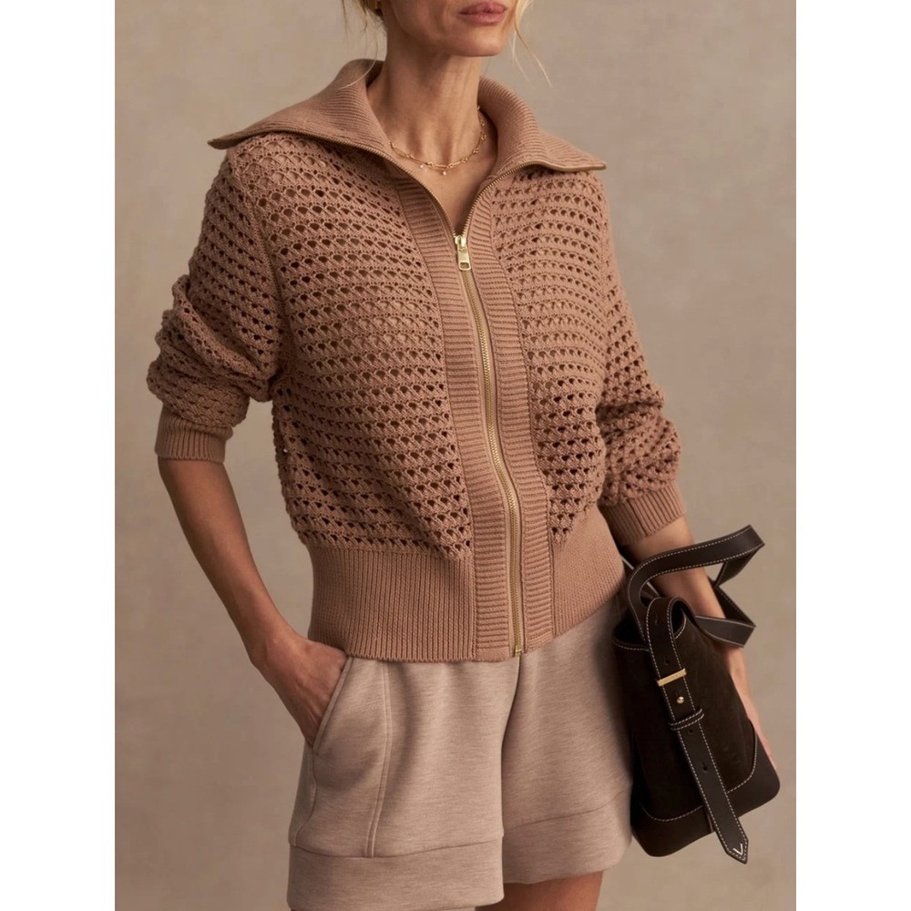 Varley Eloise Full Zip Knit Sweater Tan Brown Crochet Pointelle Cotton XS